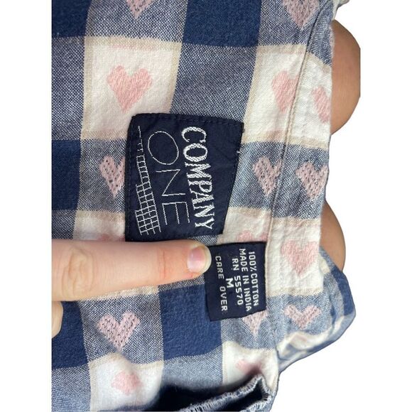 Company One Women’s Vintage Blue Checked Hearts Button-Up Blouse Size Medium - Picture 3 of 6